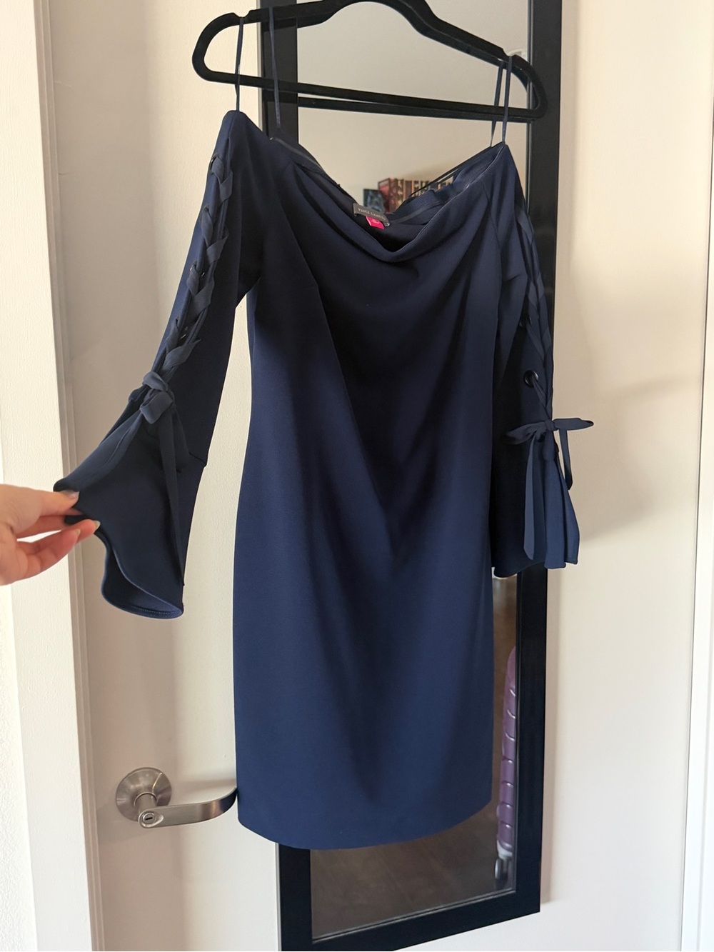 Vince Camuto Navy Off-Shoulder Mini Dress with Tie Sleeves